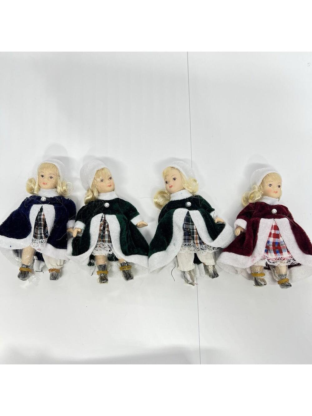 Lot 4 Vintage Miniature Porcelain Dolls Ice Skater Winter Plaid Dress Cape